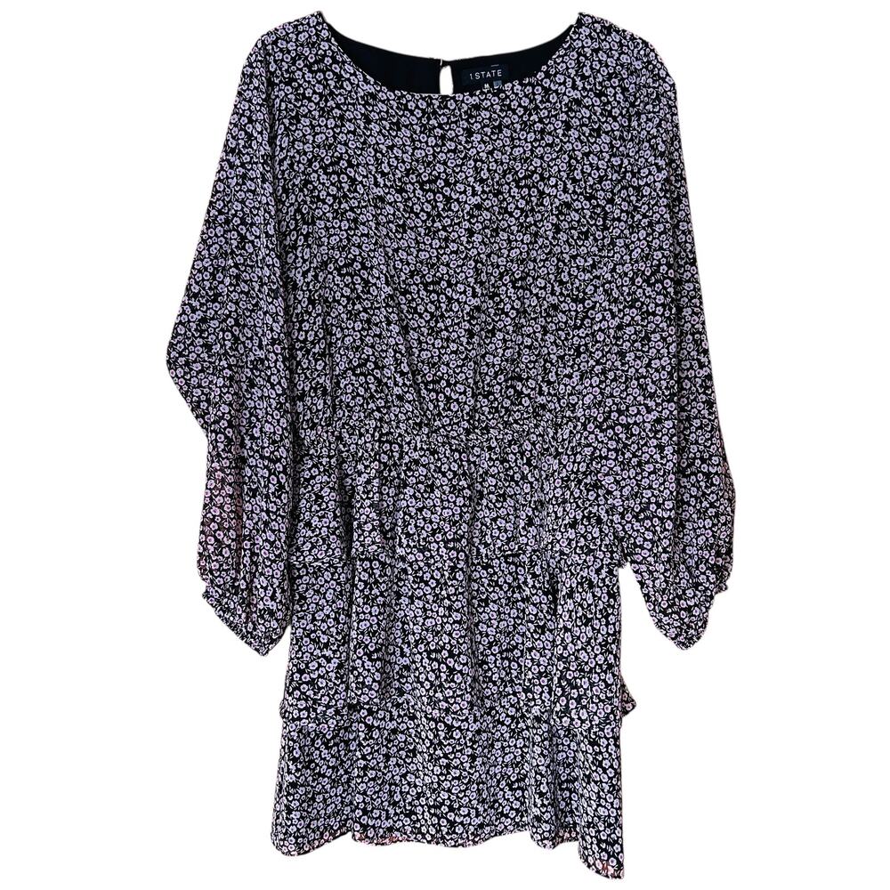1. STATE Tiered Mini Dress Size M Black Ditsy Floral Chiffon